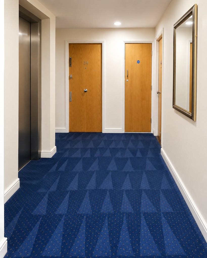 Spotless commercial office corridor with professionally maintained blue carpet
